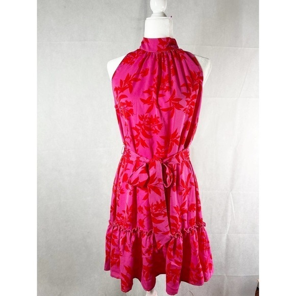 Sam Edelman High Neck Floral Print  Dress Red Pink Size Small - Picture 2 of 14
